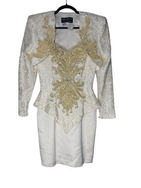Karen Okada Dress Jacket Set Sz 6 Beaded Lace Sequin Beaded Old Hollywood VTG 80